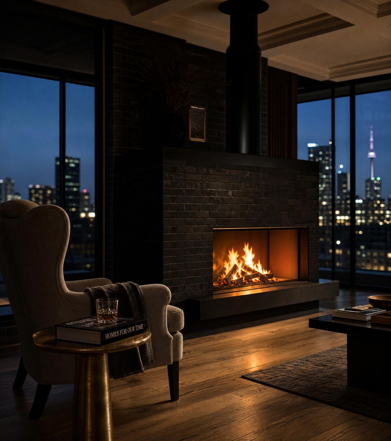 Restored Toronto masonry fireplace at dusk with the CN Tower skyline
